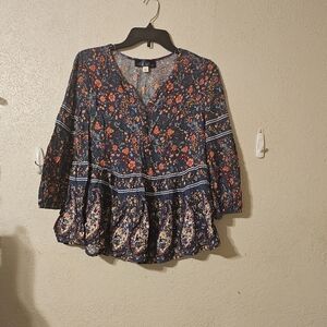 Blue Rain Floral Peplum Blouse - Navy and Orange